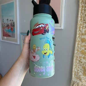 Op de afbeelding: Een lichtgroene waterfles met een zwarte deksel, versierd met stickers van tekenfilmfiguren. De stickers bevatten een rode raceauto, een prinses en een gele vis. De tekst "Drink Your Water" en "disney adults" zijn ook zichtbaar.