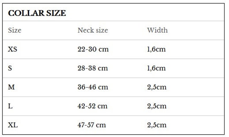 May include: Collar size chart with neck size and width measurements in centimeters. Sizes include XS, S, M, L, and XL.