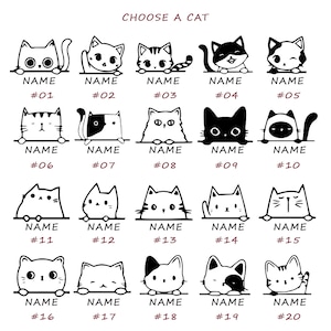 Op de afbeelding: Een raster met 20 zwart-wit illustraties van katten met verschillende gezichtsuitdrukkingen. Elke kat kijkt over een lijn en heeft een nummer en het woord "NAME" eronder. De tekst "CHOOSE A CAT" staat bovenaan het raster.