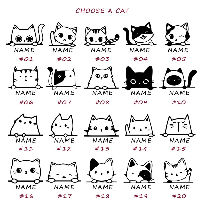 Op de afbeelding: Een raster met 20 zwart-wit illustraties van katten met verschillende gezichtsuitdrukkingen. Elke kat kijkt over een lijn en heeft een nummer en het woord "NAME" eronder. De tekst "CHOOSE A CAT" staat bovenaan het raster.