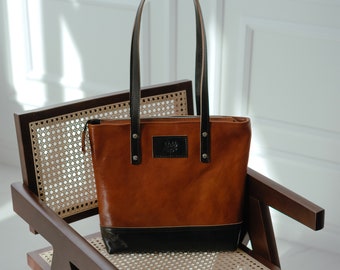 Women leather handbag with zipper Rosalie, Black leather tote bag with monogram engraving, Brown leather bag for women, Gift for her