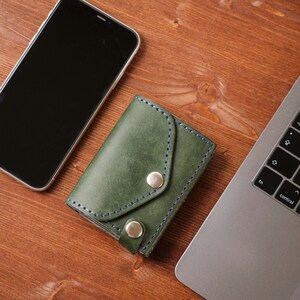 May include: A green leather card holder with blue stitching and two silver snap closures. The card holder is on a wooden surface next to a smartphone and a laptop.
