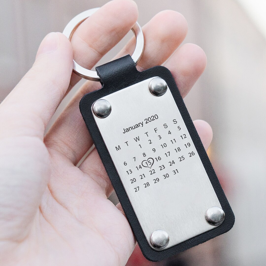 Custom Engraved Calendar Keychain, Personalized Leather Keychain for
