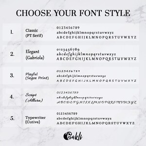 May include: A graphic showing five different font styles with the names "Classic (PT Serif)", "Elegant (Gabriola)", "Playful (Segoe Print)", "Script (Allura)", and "Typewriter (Cutive)". Each font style shows the numbers 0123456789 and the alphabet in lowercase and uppercase.