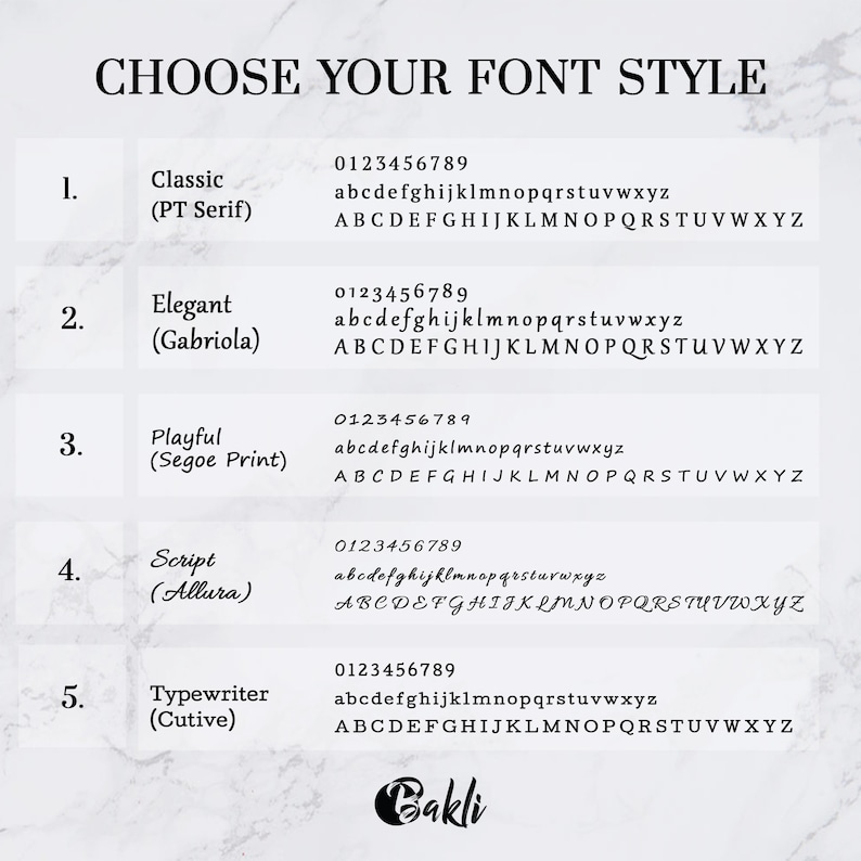 May include: A graphic showing five different font styles with the names "Classic (PT Serif)", "Elegant (Gabriola)", "Playful (Segoe Print)", "Script (Allura)", and "Typewriter (Cutive)". Each font style shows the numbers 0123456789 and the alphabet in lowercase and uppercase.