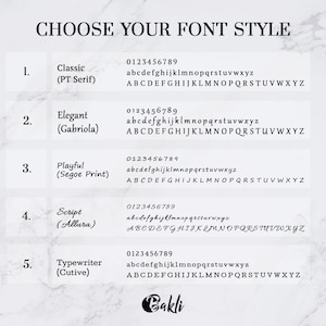Op de afbeelding: Een grafiek met vijf verschillende lettertypen met de namen "Classic (PT Serif)", "Elegant (Gabriola)", "Speels (Segoe Print)", "Script (Allura)" en "Typewriter (Cutive)". Elk lettertype toont de cijfers 0123456789 en het alfabet in kleine en hoofdletters.