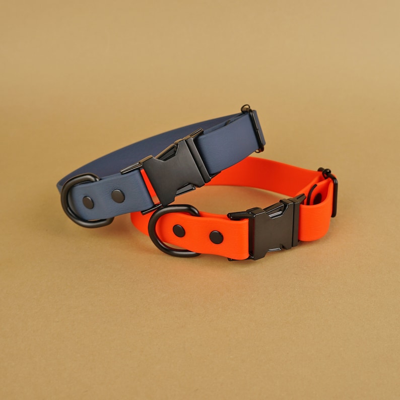 May include: Two dog collars, one navy blue and one orange, with black metal buckles.