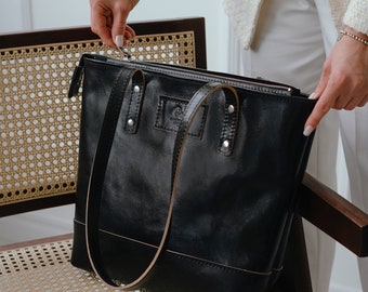Womens leather handbag Rosalie, Black leather tote bag with monogram engraving, Large leather tote bag with zipper, Red leather shoulder bag