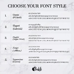 May include: A graphic showing five different font styles with the names "Classic (PT Serif)", "Elegant (Gabriola)", "Playful (Segoe Print)", "Script (Allura)", and "Typewriter (Cutive)". Each font style shows the numbers 0123456789 and the alphabet in lowercase and uppercase.