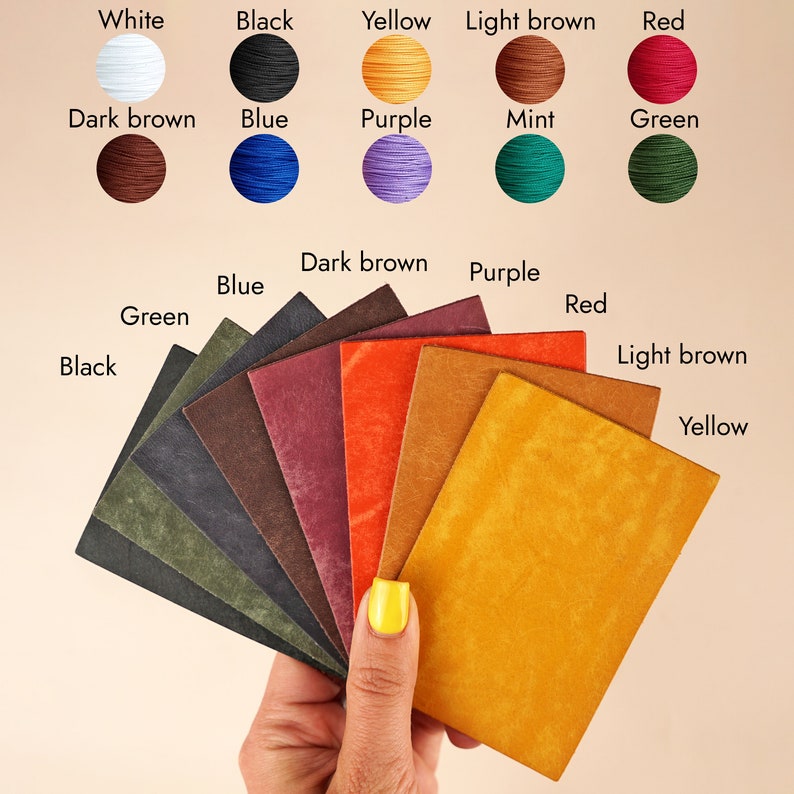 May include: A hand displays a fan of leather swatches in shades like green, black, blue, dark brown, purple, red, light brown, and yellow. Above, thread samples in white, black, yellow, light brown, red, dark brown, blue, purple, mint, and green are shown.