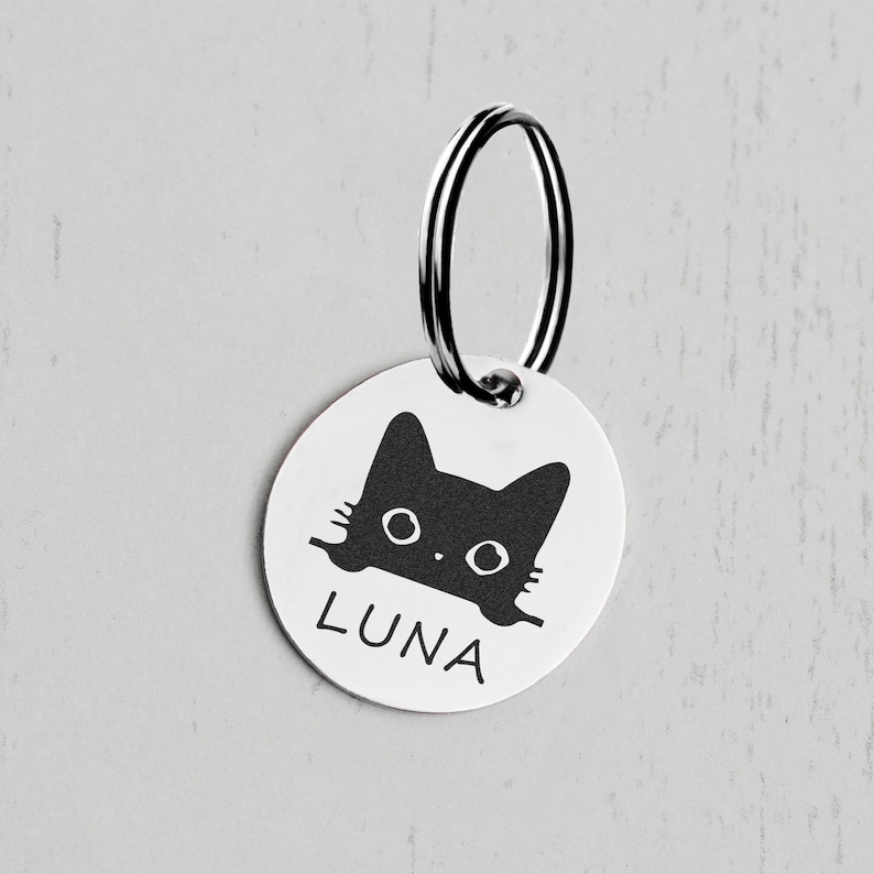 Op de afbeelding: Een ronde, zilveren huisdiertag met een zwart katten silhouet en de naam "LUNA" erop gegraveerd. De tag heeft een zilveren metalen ring.