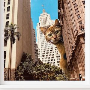 May include: A brown and white tabby cat peeks out from behind a tall building in a city setting. The cat's green eyes are wide open, and its whiskers are visible. The building is made of concrete and has many windows. The sky is blue and there are clouds in the distance.