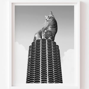Stampa di un gatto di Chicago, arte in bianco e nero, Marina City, metà secolo, architettura, design, arredamento, Chicago, inaugurazione della casa, amante dei gatti