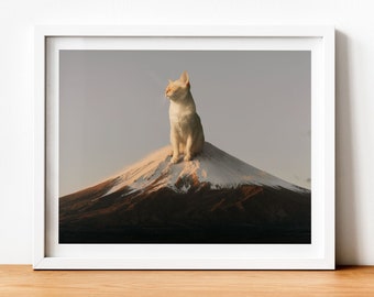 Impression du Mont Fuji, Affiche du Mont Fuji, Impression d’art de chat, Impression d’art du Japon, Cadeau d’amoureux des chats, Pendaison de crémaillère, Art mural Fuji, Impression de chat géant