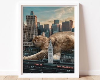 Sieste de chat de San Francisco, Cadeau pour les gens de chat, Sleepy Kitty, Affiche SF, Art mural de chat, Cadeau de pendaison de crémaillère, Cadeau de vacances pour chat, Pépinière de chat, Art amusant