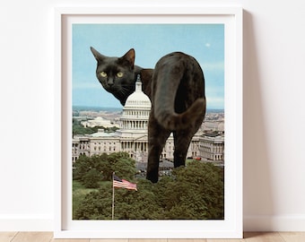 Black Cat Wall Decor, Washington DC Print, Political Signs, Cat Lover Gift, Surreal Collage, Unique Art, Humorous Print