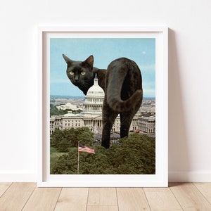 Black Cat Wall Decor, Washington DC Print, Political Signs, Cat Lover Gift, Surreal Collage, Unique Art, Humorous Print