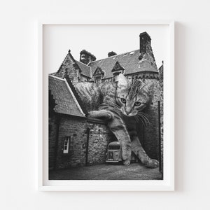 Edinburgh Scotland Giant Cat Art Print, Black and White Print, Scottish Decor, Tabby Cat Wall Art, Tabby Gift, Cat Person Gift, Surreal Art