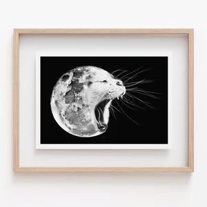 Full Moon Space Cat Print, Outer Space Art, Space Cat Gift, Retro Futurism, Surrealism, Space Decor, Cat Wall Art, Gift for Cat Lover