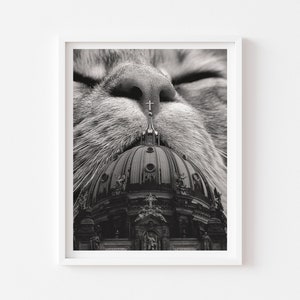 Black and White Cat Nose Print, Berlin Artwork, Cathedral Print, Black White Wall Decor, Cat Art Print, Cat Lover Gift, Religious Art