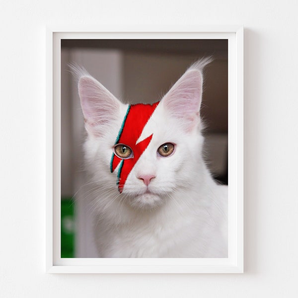 David Bowie Inspired Cat Art Print, Ziggy Stardust Poster, White Cat, Rock and Roll, Gift for Him, Cat Gift Her, Music Cat, Cat Person Decor