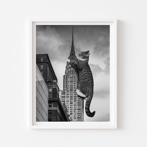 Czarno-biały nowojorski kot sztuka wydruk, Chrysler Building, prezent na dzień matki, art deco wydruk, NYC Wall Art, NYC Art Unique, Cat Person