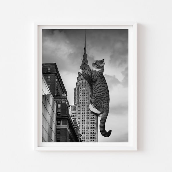 Black and White New York City Cat Art Print, Chrysler Building, Mothers Day Gift, Art Deco Print, NYC Wall Art, NYC Art Unique, Cat Person