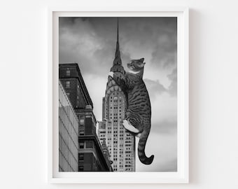 Black and White New York City Cat Art Print, Chrysler Building, Mothers Day Gift, Art Deco Print, NYC Wall Art, NYC Art Unique, Cat Person