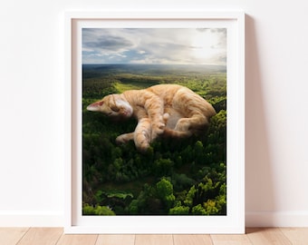 Orange Katzenbild, Waldbild, Orange getigerte Katze, Einweihungsparty, Beste Freundin Geschenk, Katzengeburtstag, wunderliches Wohndekor, schlafende Katze