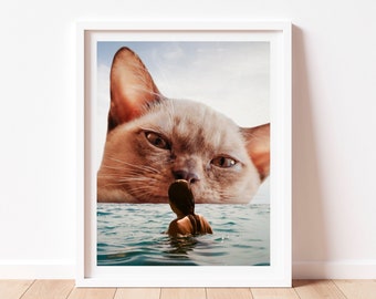 Ocean Cat Print | Beach House Decor | Cat Person Gift | Ocean Artwork | Swimming Art | Beach Gift | Cat Wall Decor | Cat Lover Present