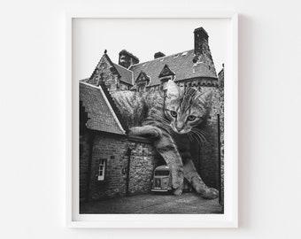 Edinburgh Scotland Giant Cat Art Print, Black and White Print, Scottish Decor, Tabby Cat Wall Art, Tabby Gift, Cat Person Gift, Surreal Art