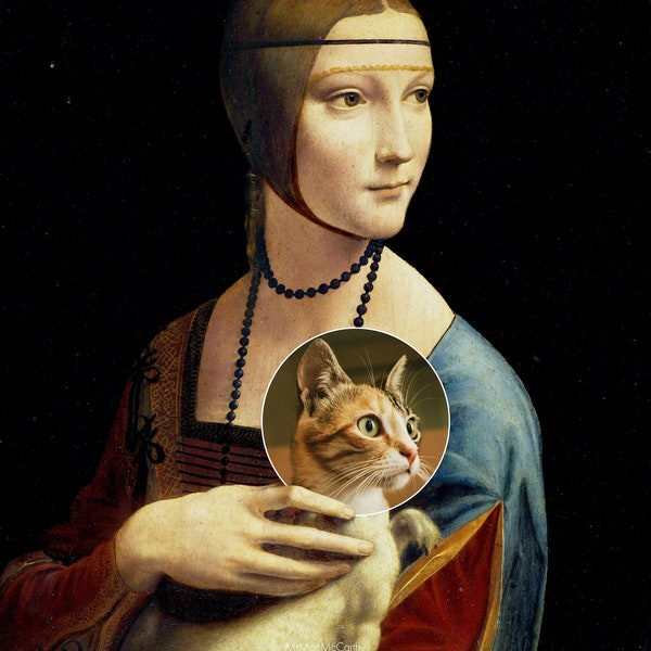 Lady with an Ermine Cat Art Print, Leonardo da Vinci, Classic Fine Art Print, Funny Wall Art, Cat Person Gift, Old Masters, Classic Painting