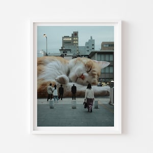 JAPANESE CAT PRINT, Cat Gift Idea, Sleeping Cat, Tabby Cat, Cat Lady, Surreal Art, Moody Wall Art, Unique Home Decor, Cat Person Gift