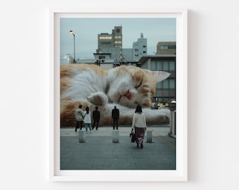 JAPANESE CAT PRINT, Cat Gift Idea, Sleeping Cat, Tabby Cat, Cat Lady, Surreal Art, Moody Wall Art, Unique Home Decor, Cat Person Gift
