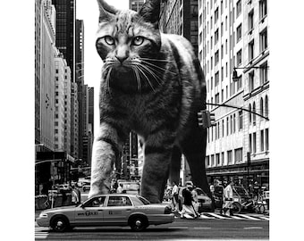 NYC Black and White Cat Print | New York City Poster | Unique Cat Gift | Cat Lovers | Cat Mom Gift | NYC Taxi | NYC Wall Art | Cat Decor