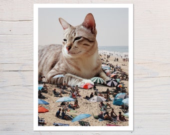 Beach House Cat Art, Summer Decor, Tabby Cat, Cat Lover, Surfer Gift, Crazy Cat Lady, Wall Deco, Surreal Art, Ocean Wall, Seaside Art