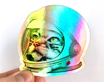 Holographic AstroCat Sticker, Rainbow Sticker, Space Cat, Cat Art, Astronaut Cat Sticker, Laptop Decal, Water Bottle Logo, Cat Lover Gift