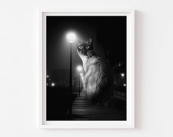 Impression d'art chat noir et blanc, chat siamois, film noir, chat mystérieux, art monochrome, cadeau personne chat, impression art déco, art rétro vintage