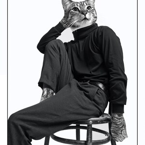 May include: A black and white photograph of a cat wearing a black turtleneck and trousers, sitting on a wooden stool. The cat is looking up and to the right. The photo is titled "Matt McCarthy | surreal cat art | mrmattmccarthy.com".