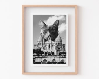 Impression chat noir et blanc de Paris, Sacré-Cœur, Sacré-Cœur, oeuvre d'art parisienne, voyage à Paris, cadeau pour amoureux des chats, impression d'art BNW, art mural Paris