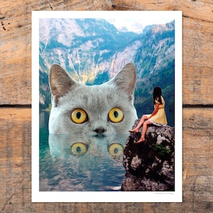 Surreal Gray Cat Print | Yellow Eye Cat | Water Mythology Art | Unique Cat Gift | Cat Wall Decor | Fantasy Artwork | Lake Art | Yellow Art