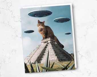 Carte chat OVNI, carte de voeux chat de l'espace extraterrestre, Chichen Itza, vaisseau spatial, carte amoureux de l'espace, carte personne chat, carte chaton