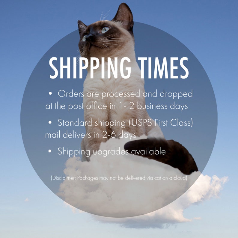 May include: A Siamese cat sitting on a cloud with the text "SHIPPING TIMES" and information about order processing and shipping times. The text says "Orders are processed and dropped at the post office in 1-2 business days. Standard shipping (USPS First Class) mail delivers in 2-6 days. Shipping upgrades available. (Disclaimer: Packages may not be delivered via cat on a cloud)"