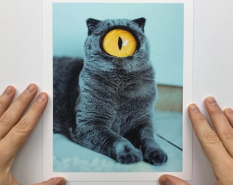 Halloween Cat Print, Cyclops Cat, Cat Eye, Retro Future, Creepy