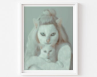 Mother of Cats Art Print, Mystical Surreal Art, White Cat, Cat Lover Gift, Blurry, Unique Art, Mythology Print, Surreal Decor, Modern Art