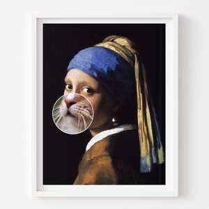 Girl with Pearl Earring Cat Art Print, Johannes Vermeer, Cat Wall Art, Cat Masterpiece, Famous Painting, Classic Painting, Cat Lover Gift