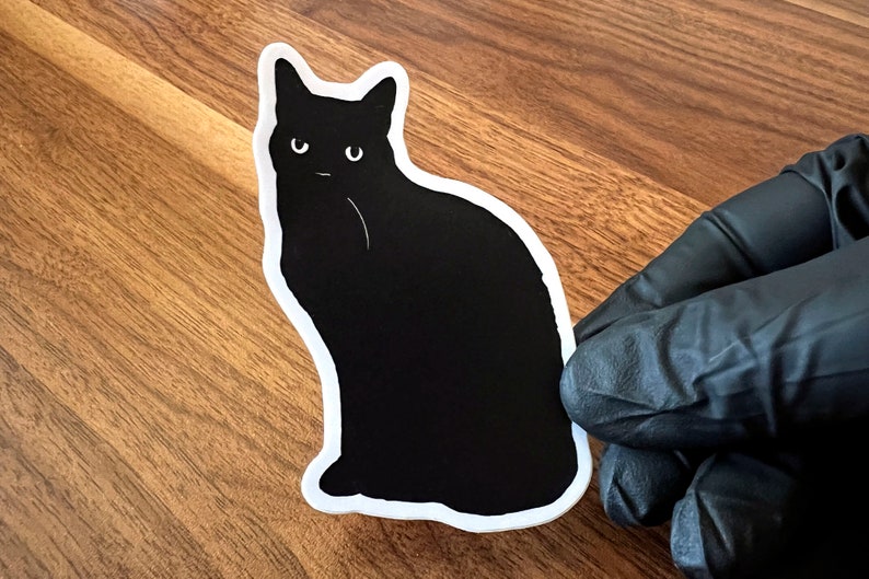 Op de afbeelding: Zwarte kat sticker met een witte omtrek. De kat zit met zijn oren omhoog en kijkt recht naar de kijker.