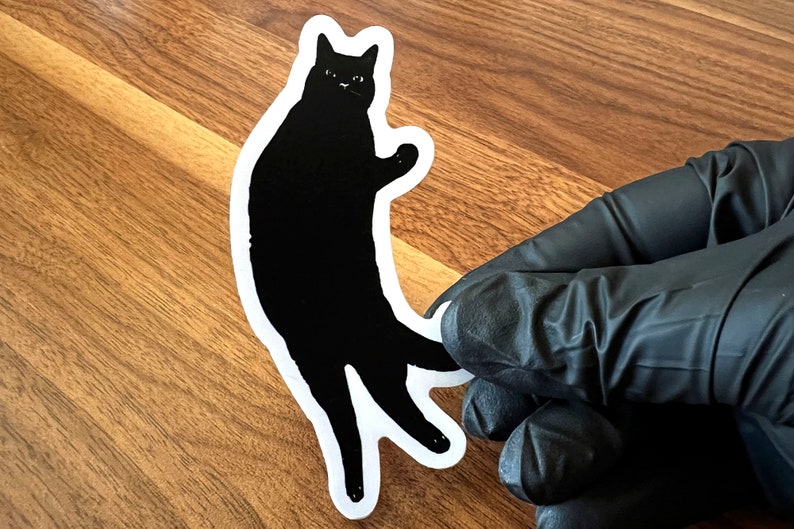 Op de afbeelding: Een zwarte kat sticker met een witte omtrek. De kat staat op zijn achterpoten met zijn voorpoten omhoog.