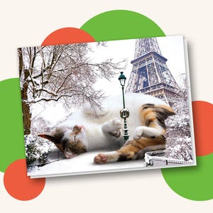 Happy Holidays Cat Greeting Card, Paris Cat Christmas Card Set, Cat Stationery, Pet Card, Cat Lover Gift, Kitty Art, Cat Person Gift