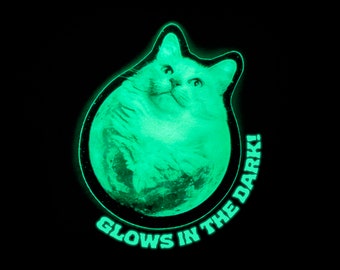 Pegatina de gato que brilla en la oscuridad, pegatina de vinilo de gato brillante, pegatina de luna llena, pegatina oscura, regalo para amantes de los gatos, pegatina para portátil